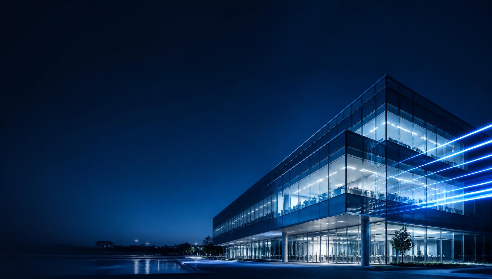 Edifício corporativo moderno iluminado ao anoitecer